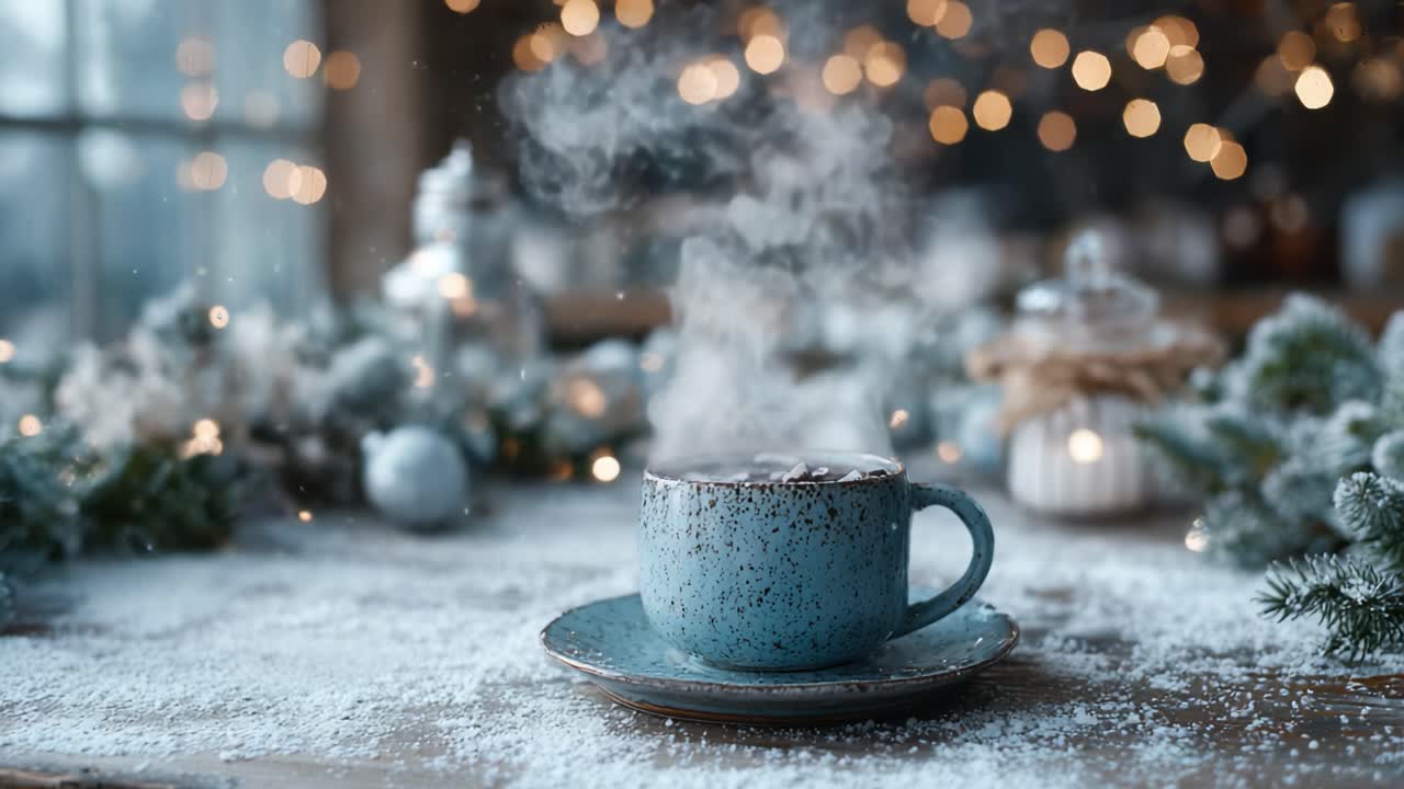 A Cozy Winter Scene Featuring a Warm Cup of Hot Beverage Surrounded by Snowflakes and Festive Lights, Perfect for Evoking Holiday Cheer and Comfort
