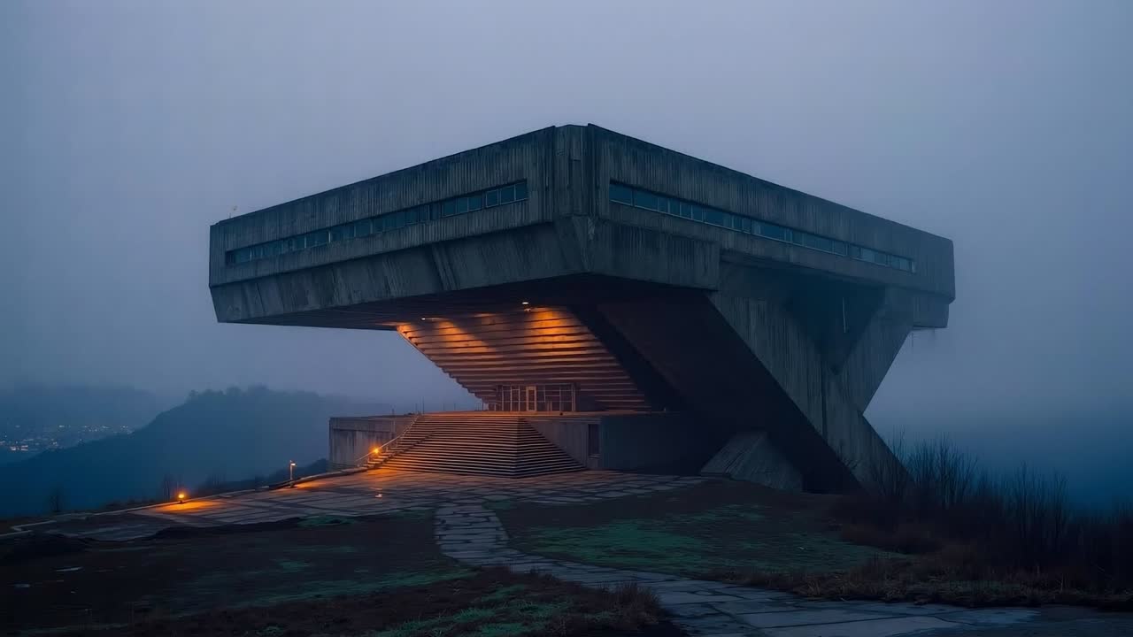 A building that is lit up at night in the fog