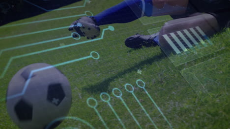 kicking soccer ball on grass field with digital circuit animation overlay