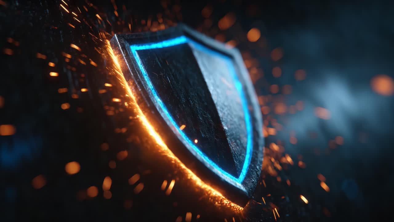 Dynamic Shield Rendering: Showcasing a Futuristic Shield Surrounded by Sparks with Glowing Borders, Representing Strength and Protection in a Digital Realm