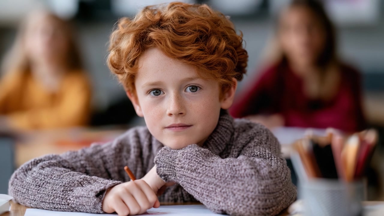 Un giovane studioso concentrato con riccioli ramati, impegnato in un lavoro creativo, catturato in un ambiente di classe che dimostra la gioia dell'apprendimento e dell'espressione artistica.