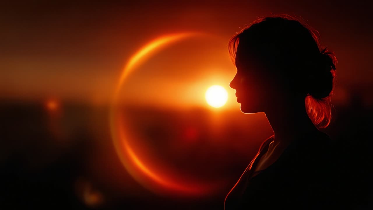 Silueta de una mujer con una impresionante puesta de sol de colores vibrantes y una atmósfera etérea que captura la esencia de la tranquilidad y la reflexión