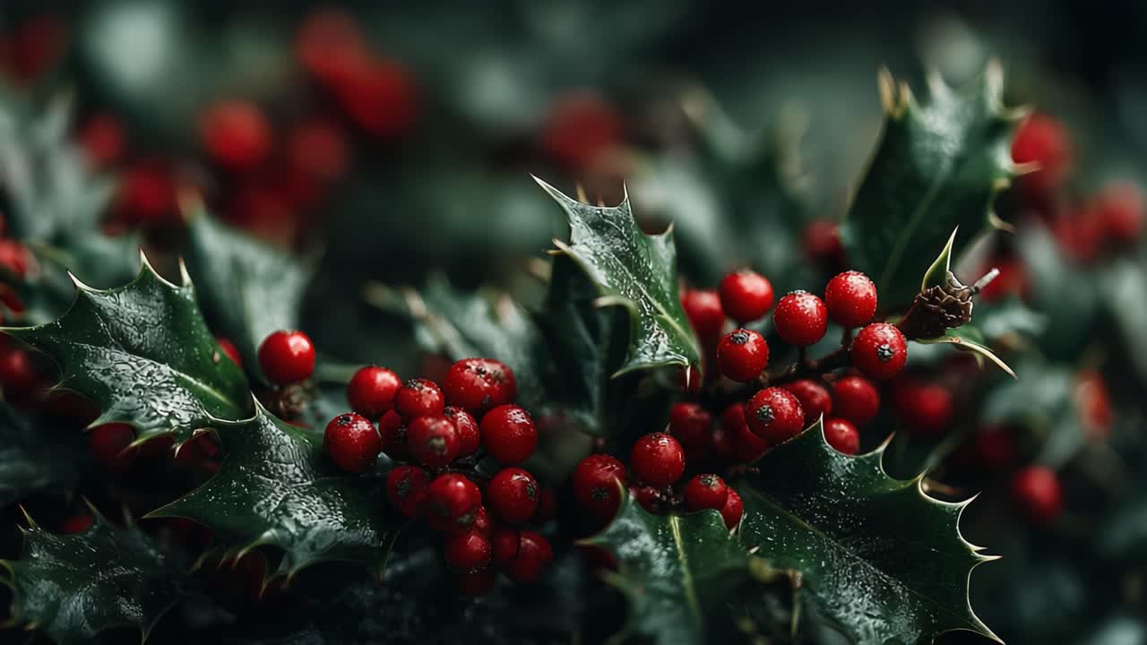 A Stunning Display of Holly: Vibrant Red Berries and Glossy Green Leaves Create a Festive Atmosphere Full of Cheer and Natural Beauty