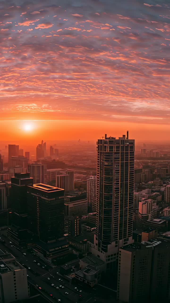 Vídeo vertical: drone filmando e mantendo uma visão alta sobre uma torre, revelando detalhes do telhado ao nascer do sol