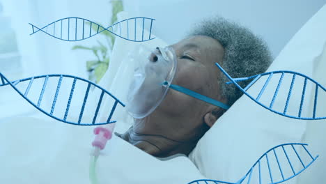 animación de cadenas de adn sobre paciente femenina afroamericana con máscara de oxígeno en el hospital