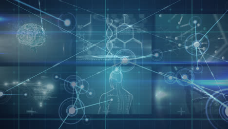 animation of scientific data on screens, dna and connections over blue background