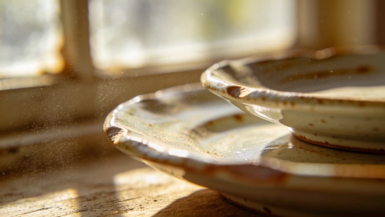 Plates resting on sill, sunbeam shifting and camera racking focus revealing glaze chips, still life