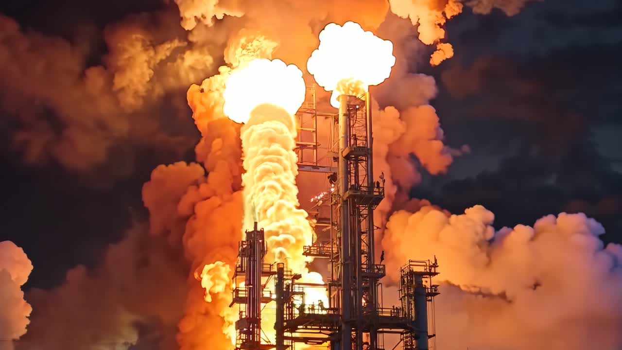 큰 화재가 밤에 건물 밖으로 나오고 있습니다.