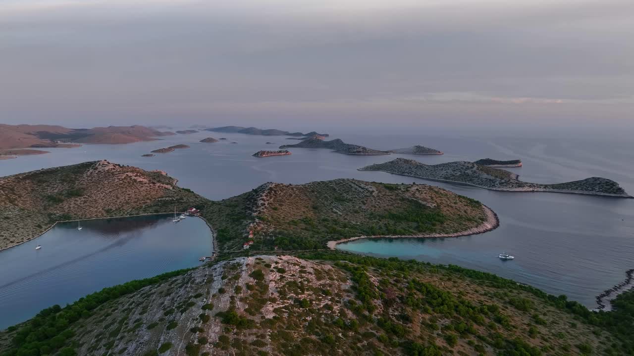 Drone view of the Kornati archipelago during the sunset.