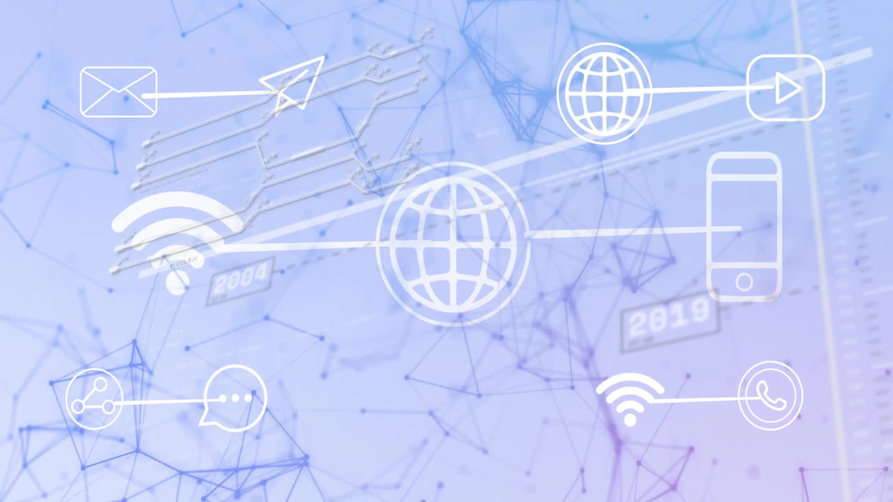 Animation of global communication icons over digital network with timeline background