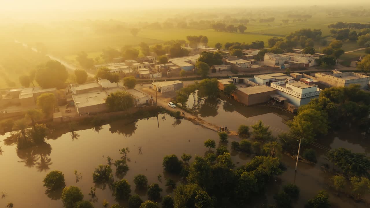 drone view of flooded rural area and trees glowing in sunrise light jalalpur pirwala punjab pakistan