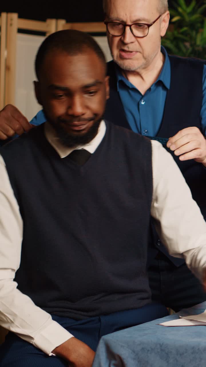 Vertical video Experienced tailor taking measurements