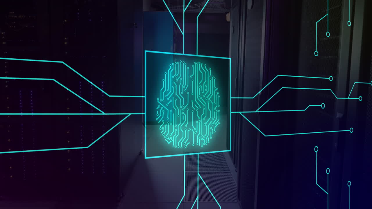 Animation of illuminated circuit board pattern around brain in square over server room