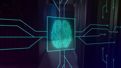 animación de un patrón de placa de circuito iluminado alrededor del cerebro en el cuadrado sobre la sala del servidor