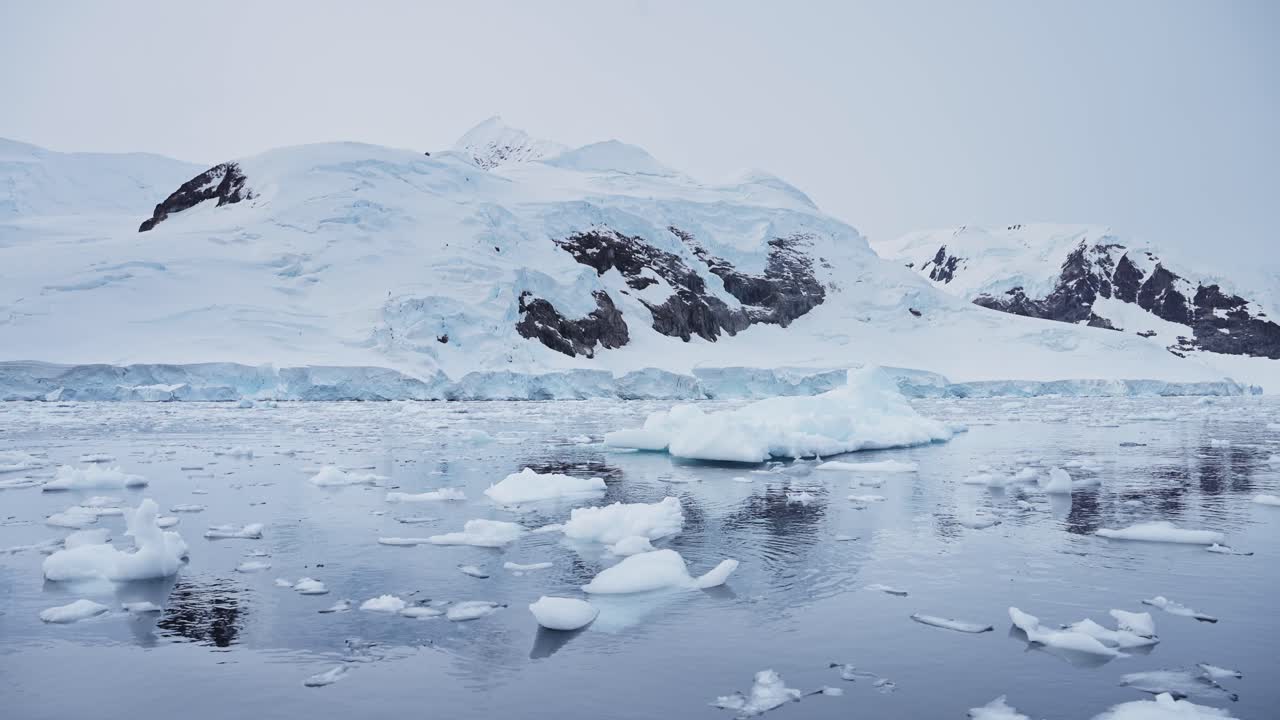 antártida icebergs paisaje drone aéreo tiro de glaciar y montañas paisaje en el mar del océano sur, increíble hermosa naturaleza paisaje marítimo en la península antártica con nieve y hielo