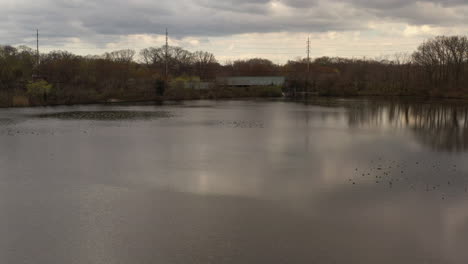 a drone view over a quiet lake, surrounded by dry trees on a cloudy day
