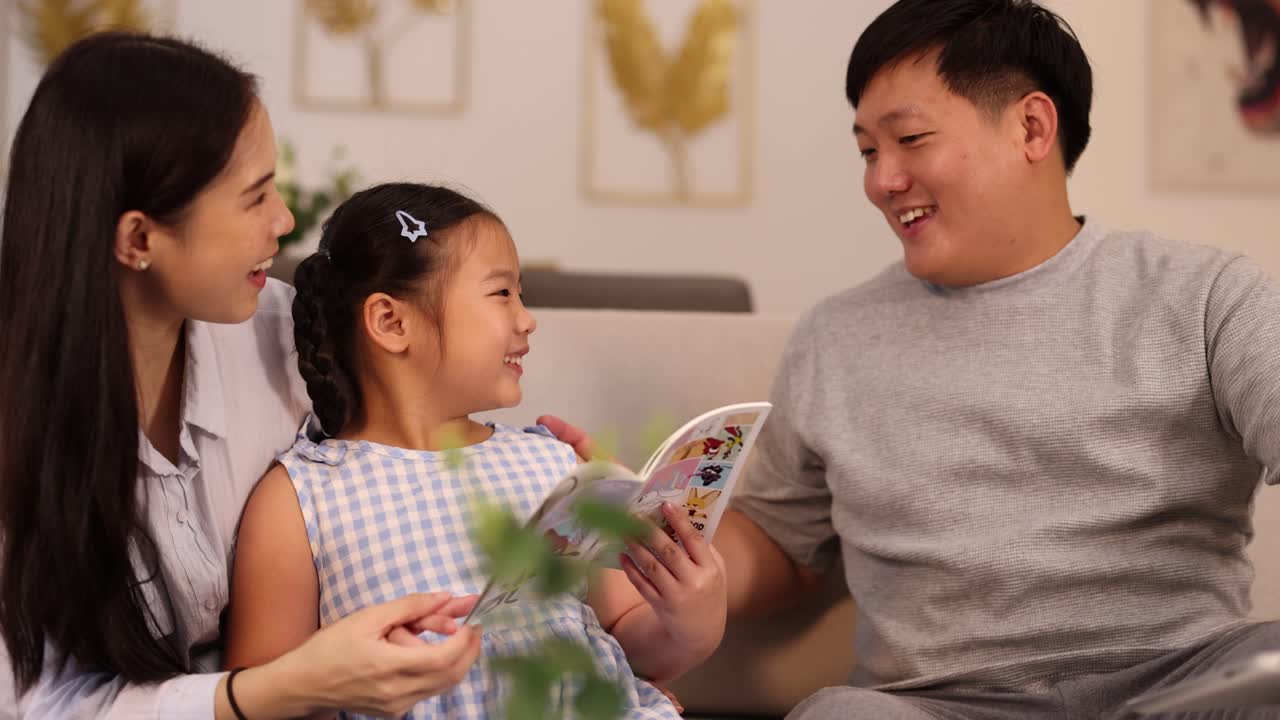 A family enjoys reading together on a cozy couch, highlighting warmth and connection in a well-lit living room