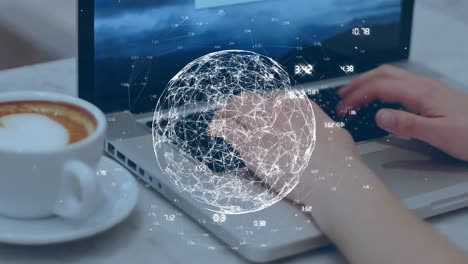 Animation-of-globe-with-network-of-connections-over-woman-using-laptop