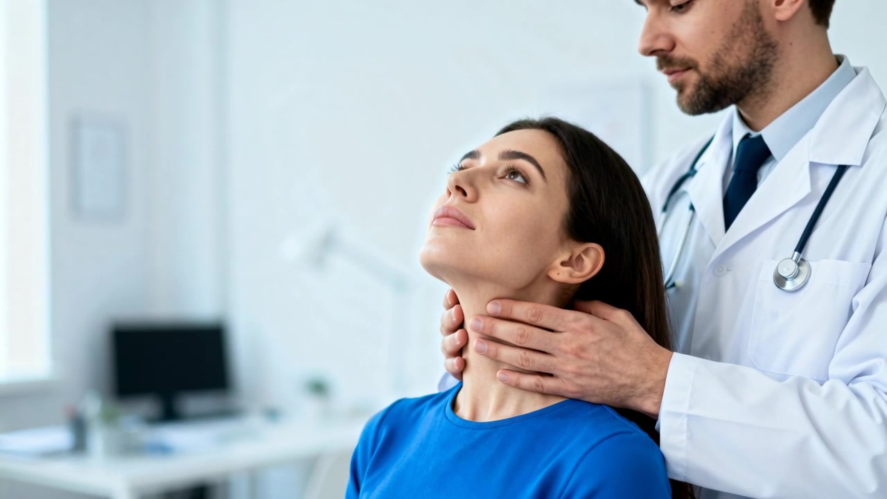 Medico in camice esegue una palpazione del collo in clinica, iniziando l'esame con lo stetoscopio.