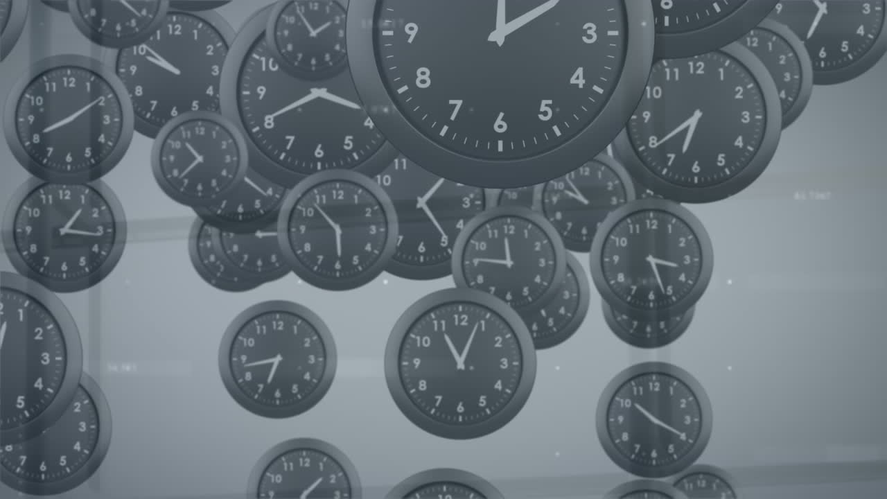 Animation of falling black watches over number against abstract background