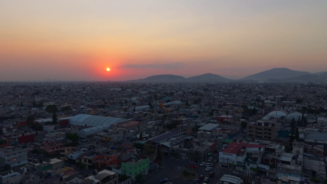 Aerial shots showing fall sunsets over Ecatepec