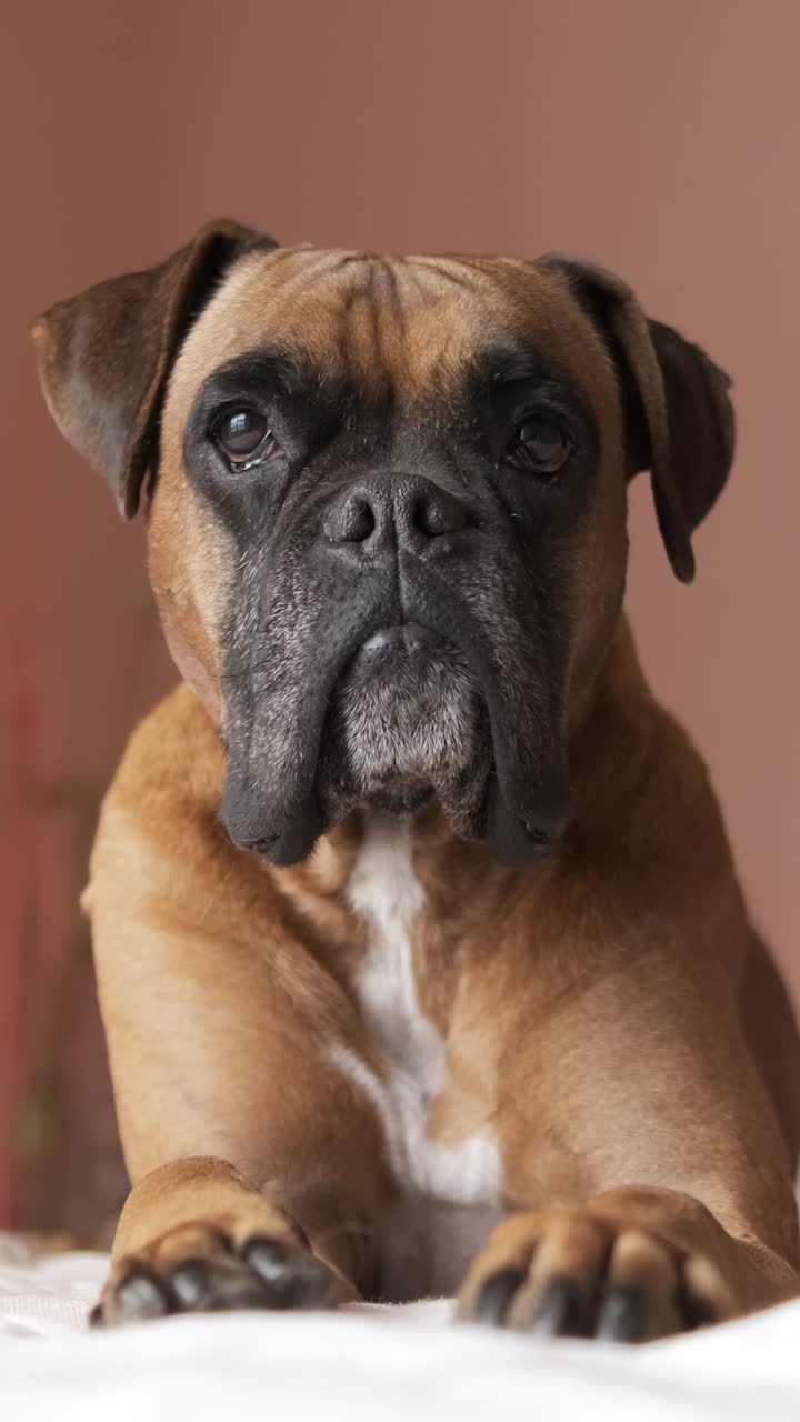 Roztomilý boxer ležící na břiše na posteli v útulném pokoji
