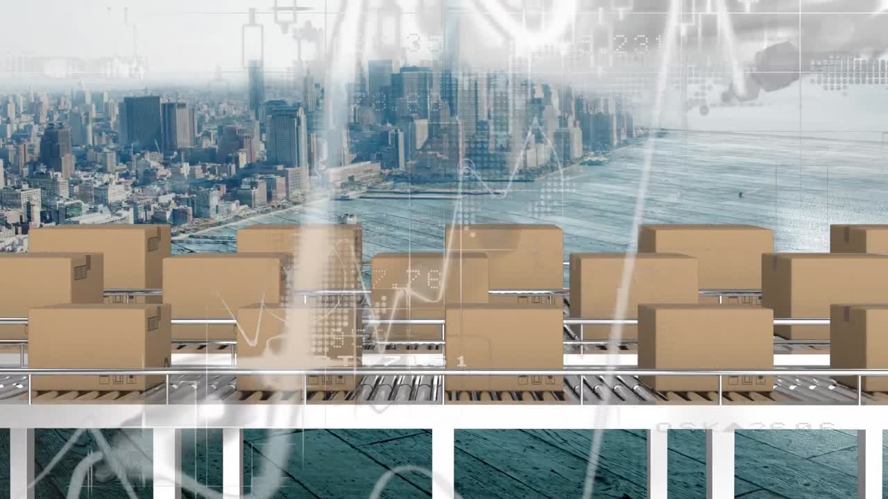 컨베이어 벨트에 있는 카드보드 상자 위에서 통계 처리의 애니메이션