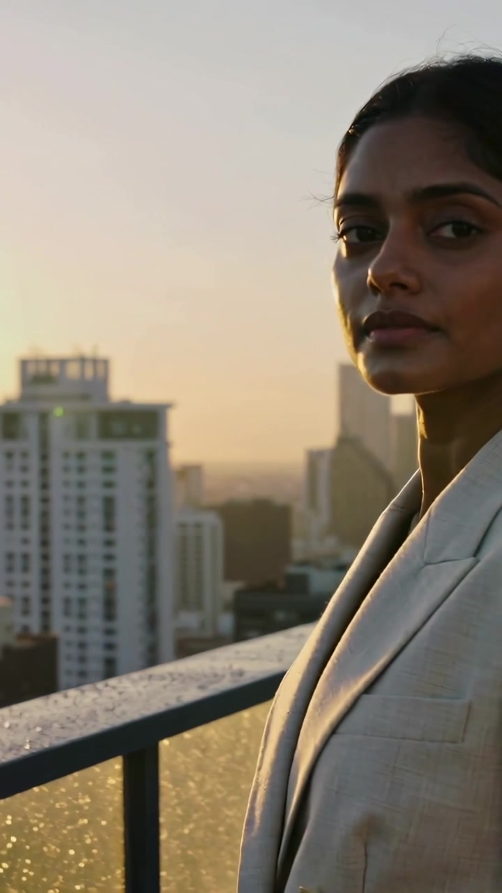 Vídeo vertical: Mulher de blazer bege virando e fechando os olhos, encontrando o olhar no parapeito da cobertura ao pôr do sol.