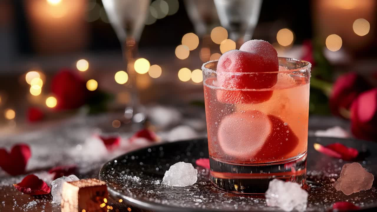 A festive cocktail in a glass with cherry garnish surrounded by bokeh lights and rose petals on a table