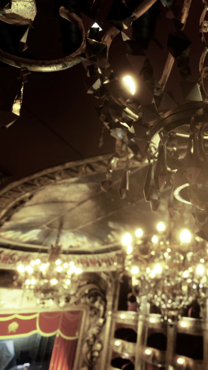 Chandeliers and ornate ceiling in a historic building during evening hours