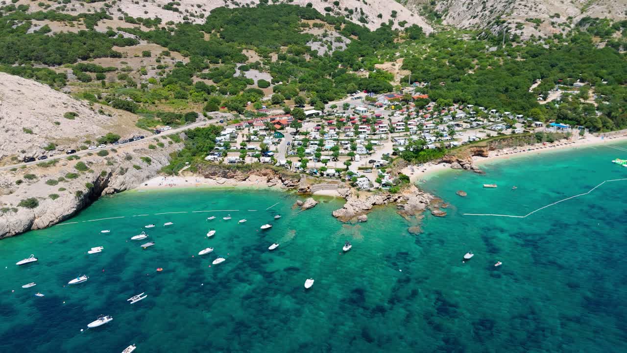 Campsite at Campig Skrila, Krk Island, Stara Baska Croatia, Aerial View of the Mountains and Coast With Boats, Beaches and Adriatic Sea. The Seaside Rv Campmobiles on a Summer Beautiful Coastline