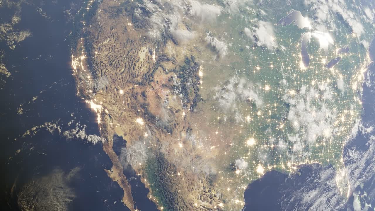 соединенные штаты сша вид с планеты земля с ураганными облаками формирования светового загрязнения столицы главного города 3d рендеринг анимации