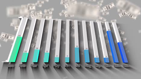animación del procesamiento de datos estadísticos sobre billetes de dólares estadounidenses flotando contra un fondo gris.
