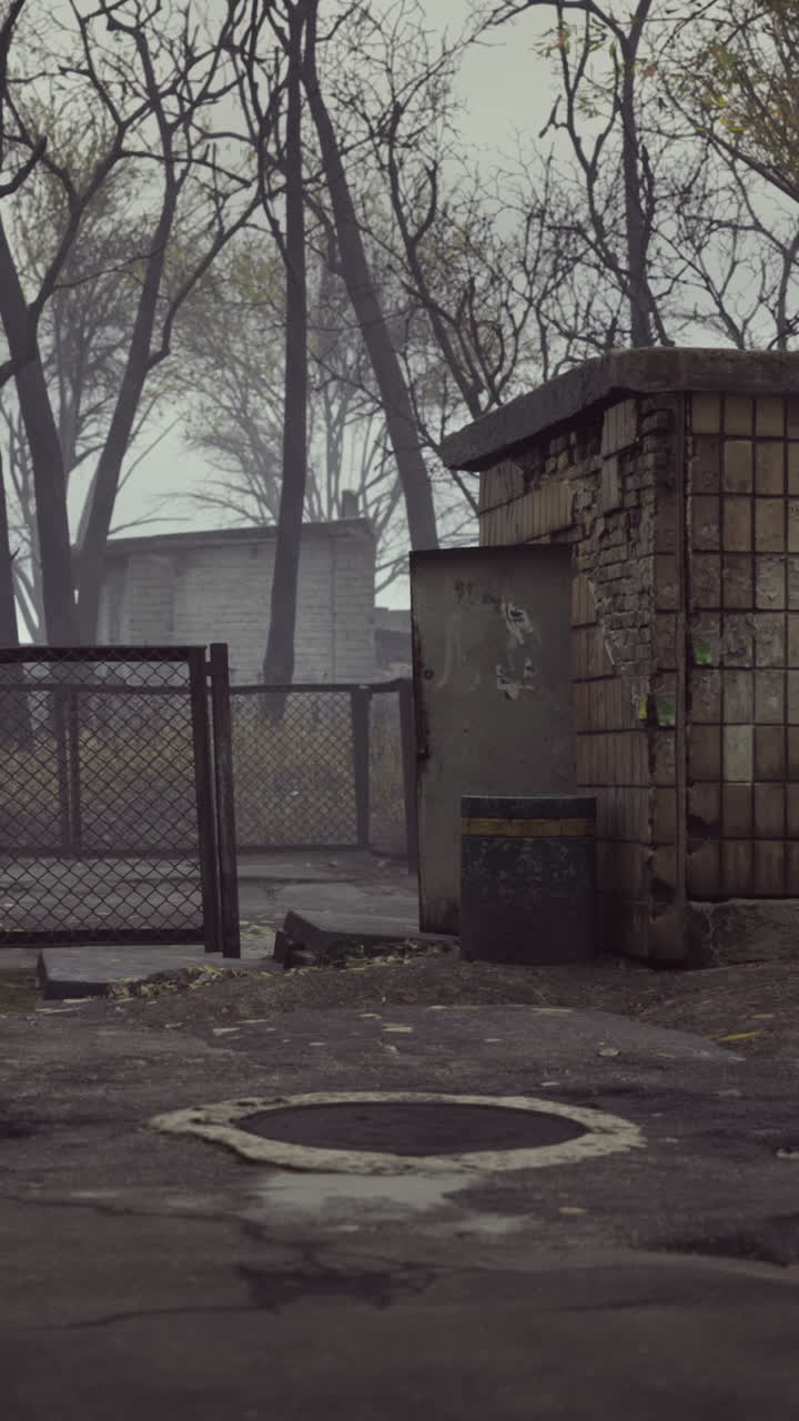 버려진 안개가 가득한 도시 폐허