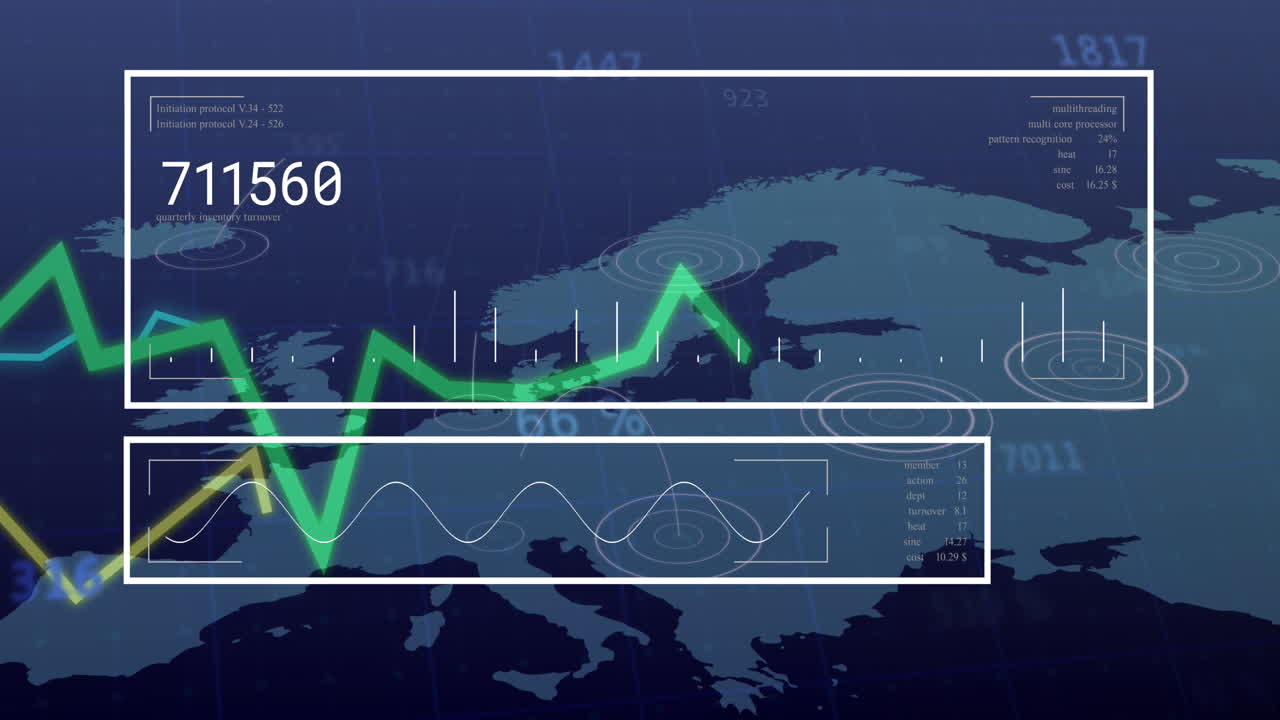 파란색 배경에 대한 세계 지도 위의 데이터 처리 인터페이스의 애니메이션