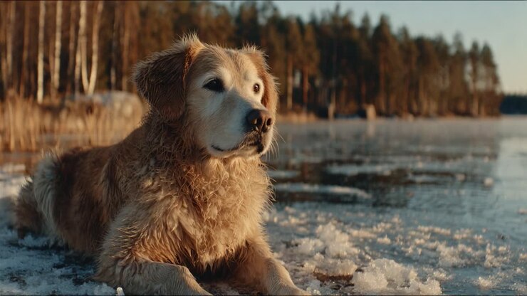 A Golden Retriever Relaxing by a Frosty Lake, Enjoying the Tranquil Moments Amidst Nature's Beauty and Serene Winter Wonderland