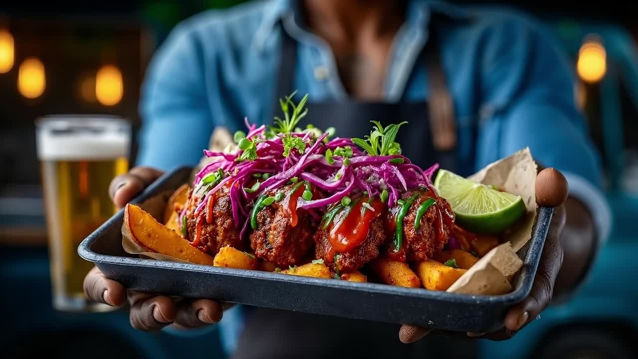 A person holding a tray of food and a glass of beer
