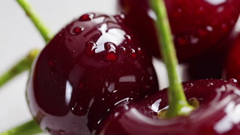 close-up of fresh red cherries with water droplets