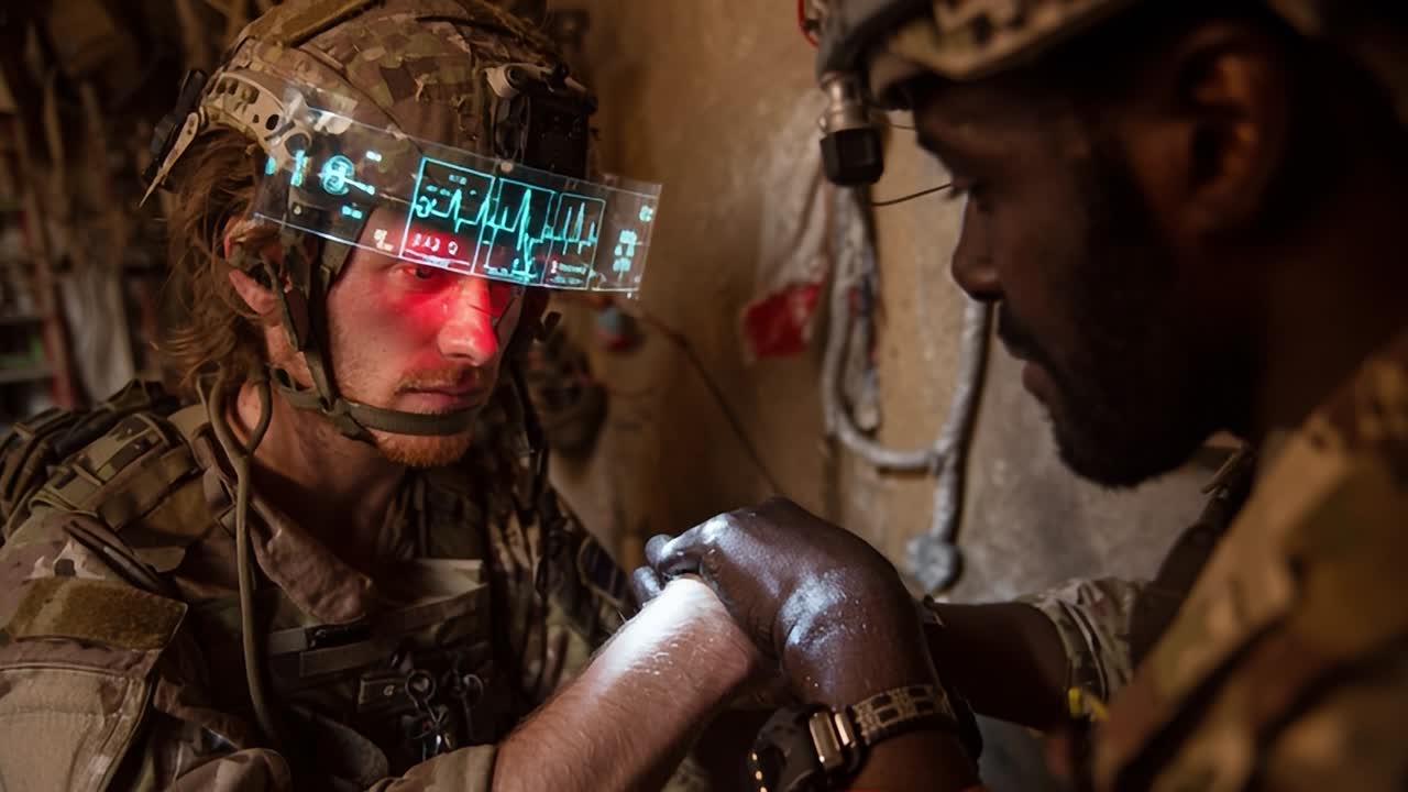 Soldater, der bruger avanceret teknologi til medicinsk assistance i en kampzone