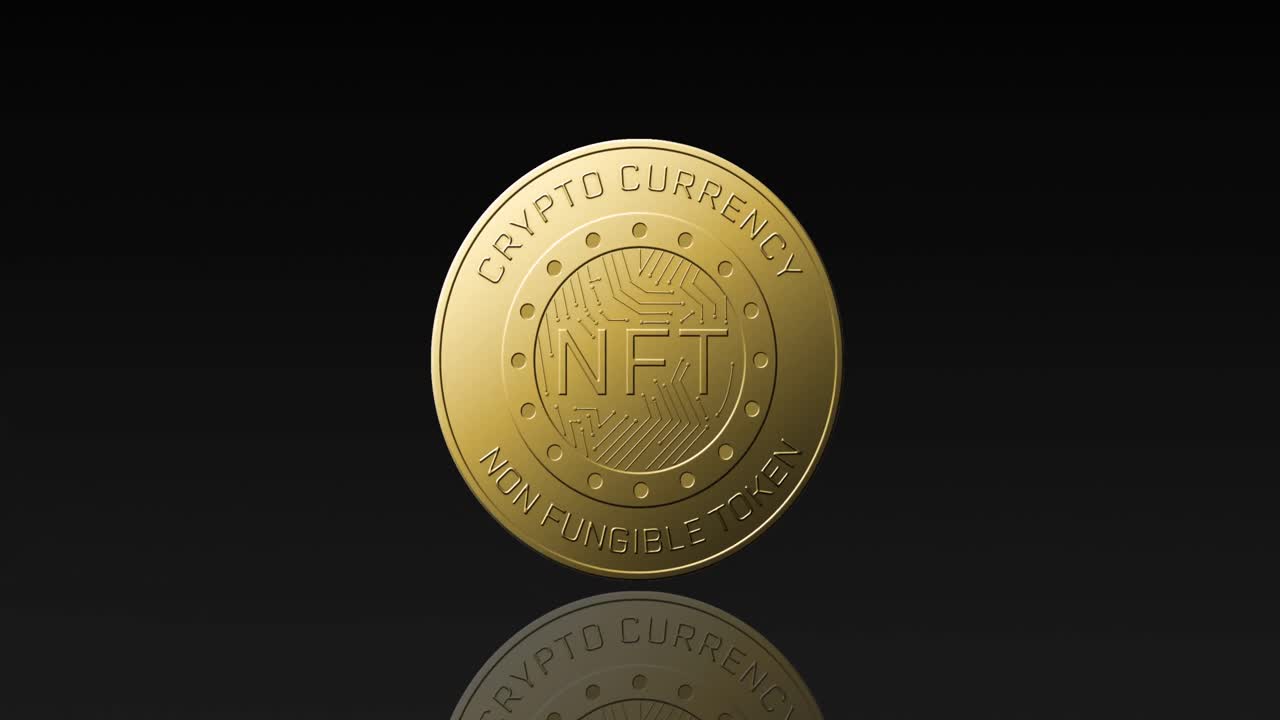 animación de una moneda nft dorada girando sobre un fondo negro