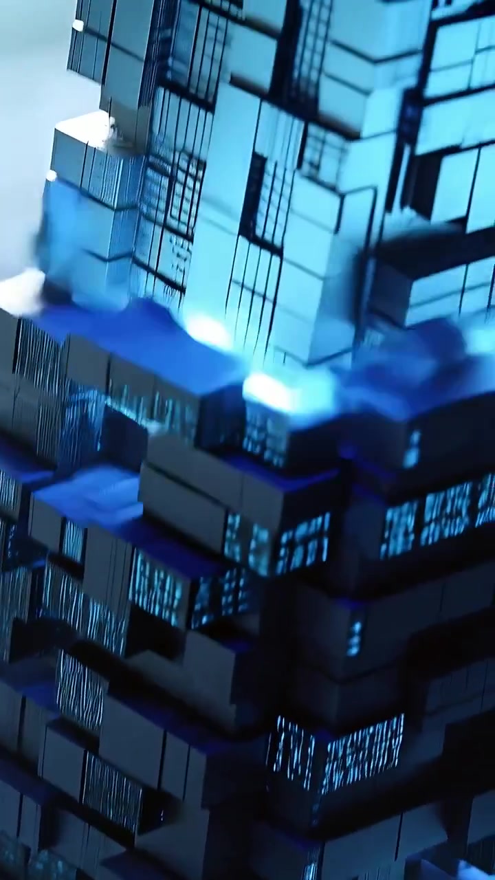 Vertical video: Starting blue ribbon moving down cube tower from horizontal seam in lab, with nodes