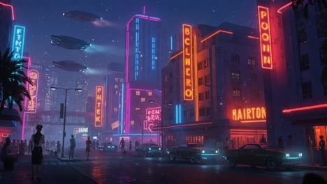a glimpse into a vibrant neon cityscape of the future under a starry night sky, featuring retro vehicles and futuristic flying crafts amidst glowing advertisements
