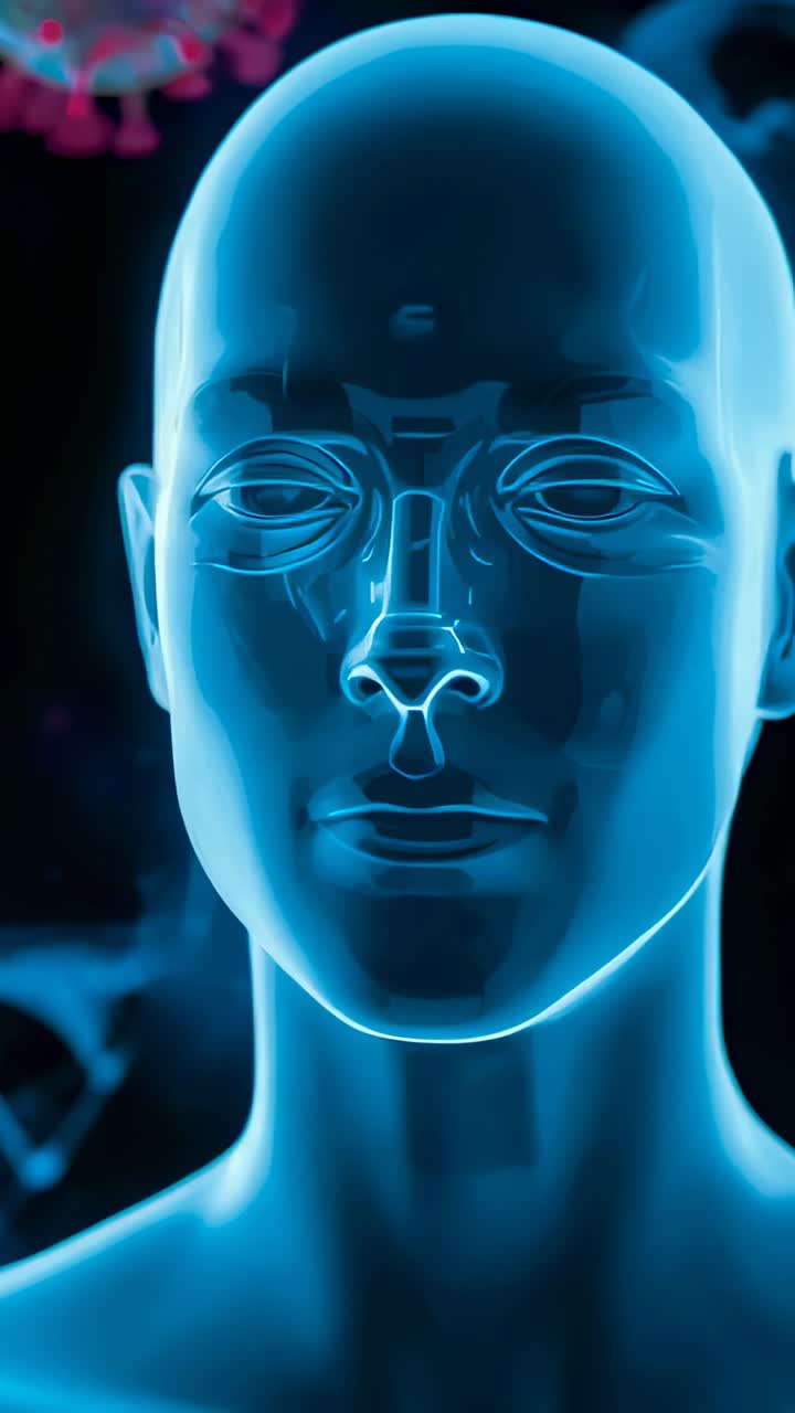 Pystyvideo: 3d-renderöidä oleva läpinäkyvä pää animoidaan pyörimään virtuaalilaboratoriossa, jossa näkyy DNA:ta ja viruksia anatomian havainnollistamiseksi