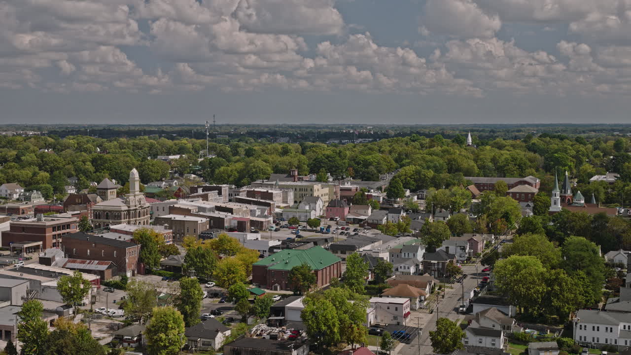 Georgetown Kentucky Aerial v1 low flyover residential area capturing quaint town center with a blend of historical architecture and greenery under cloudy sky - Shot with Inspire 3 8k - Sept 21st 2023