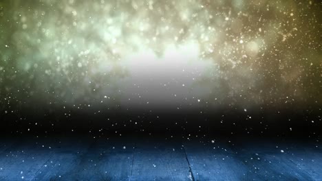 Animation-of-snow-falling-over-glowing-spots-of-light-with-copy-space-and-wooden-surface