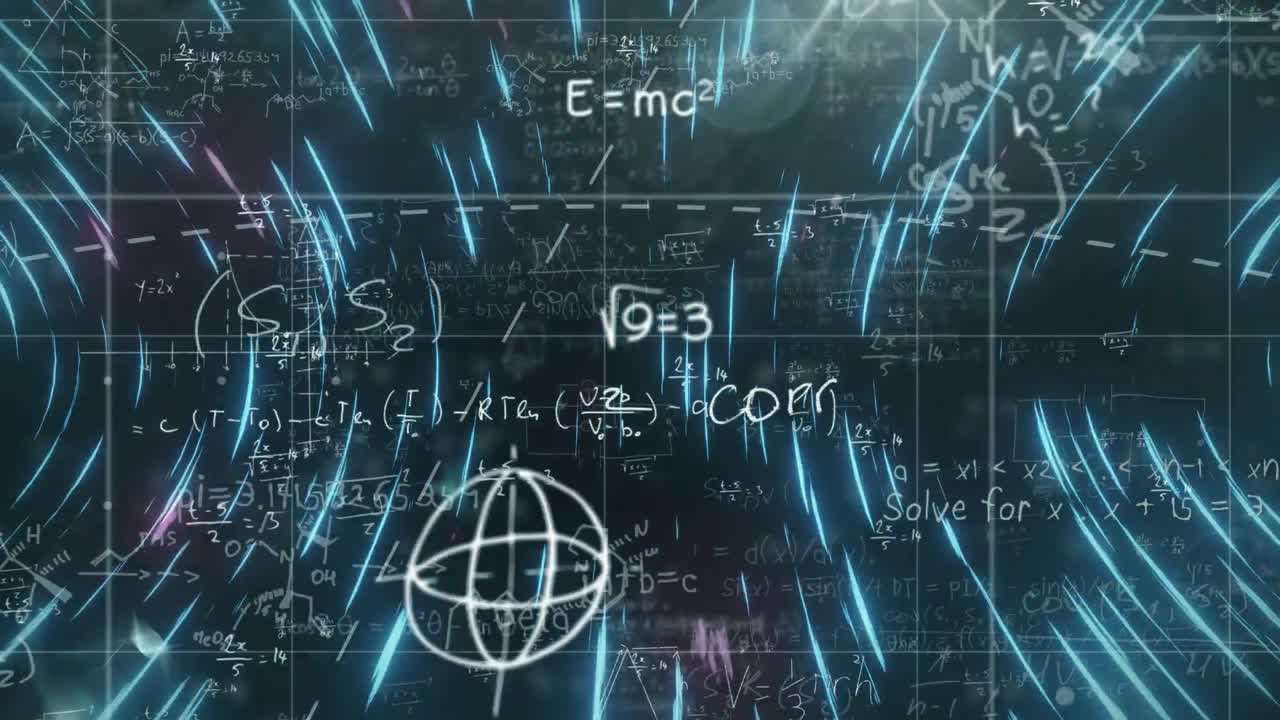 Mathematical equations floating against spinning light trails on black background