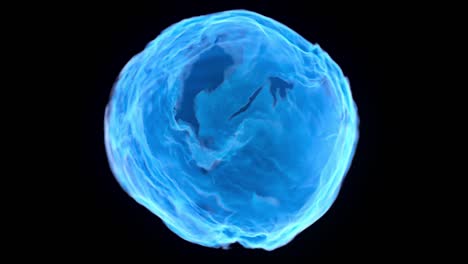 4k seamless loop of blue energy sphere on black background, abstract fluid simulation, liquid orb with animated turbulence. 3d rendering