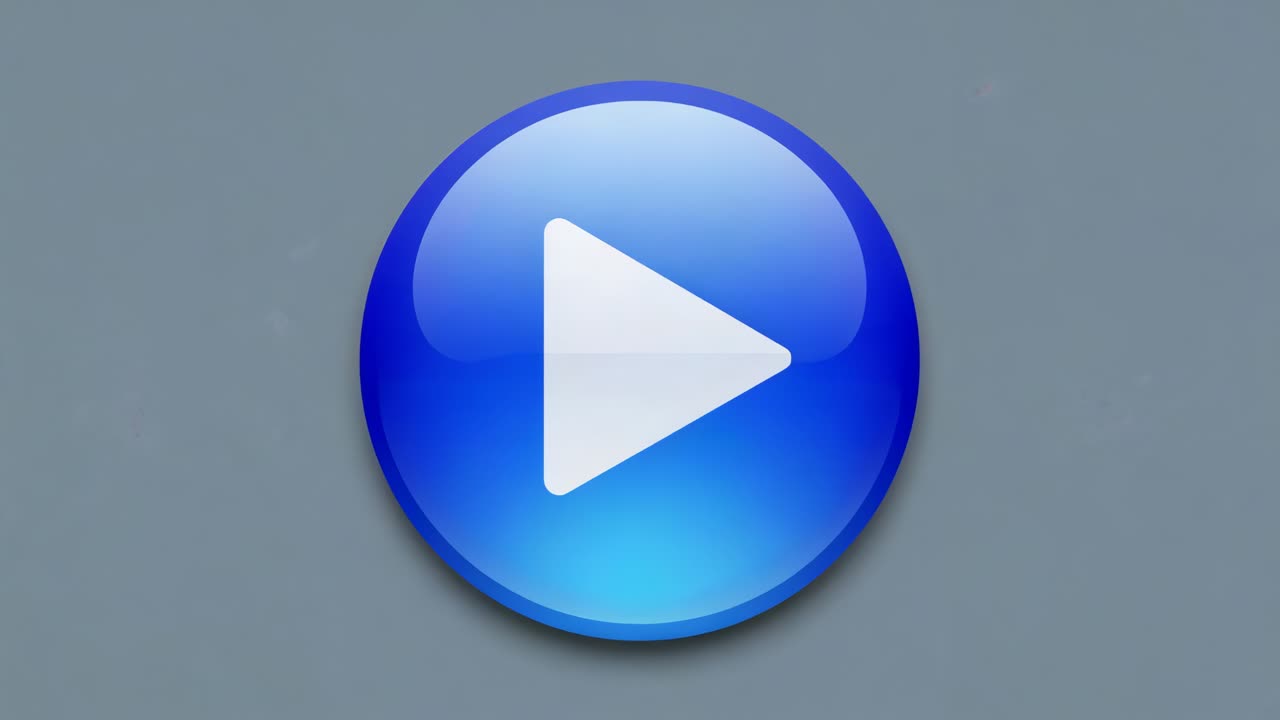 Pulsing blue play-button white-triangle gloss-shifting shadow-scaling on gray-panel on idle as cue