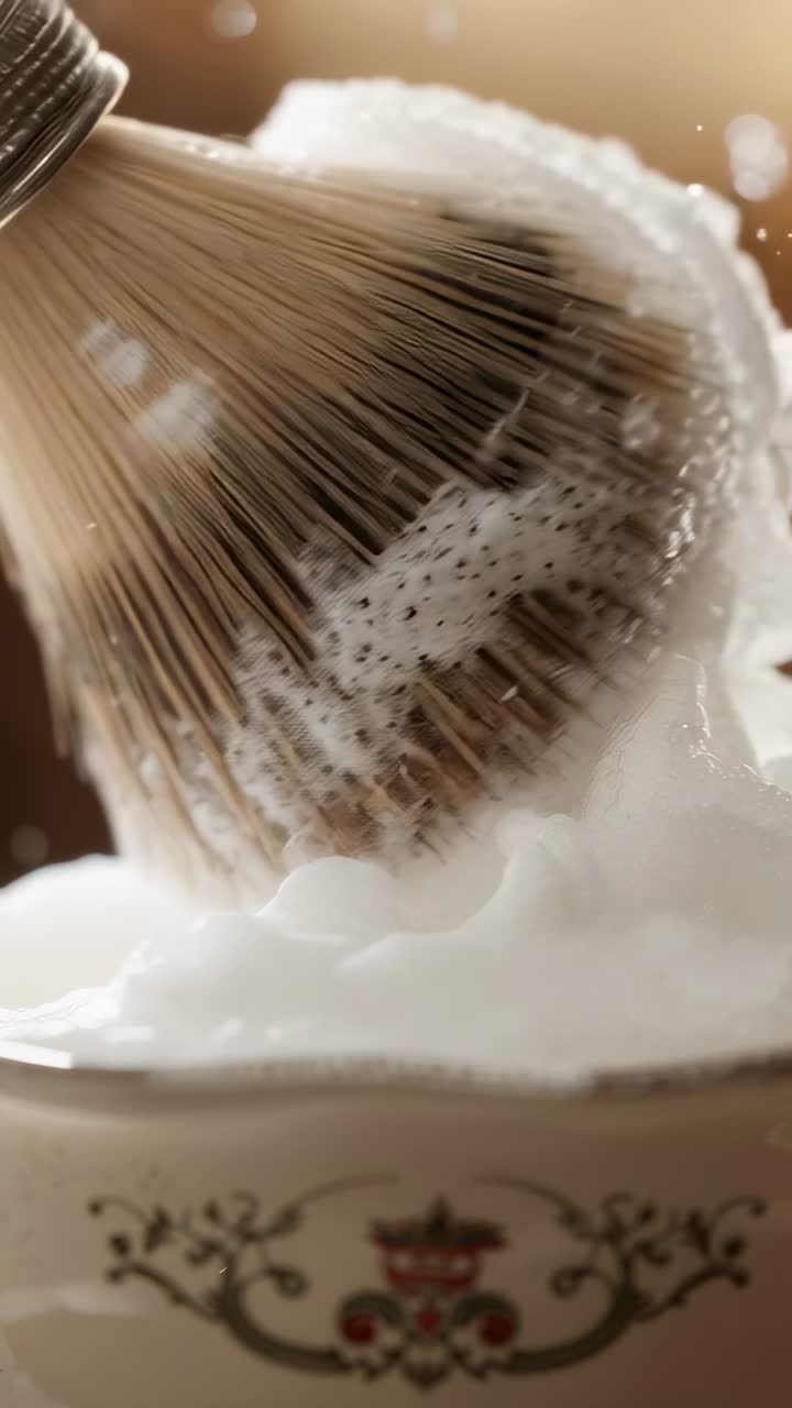 Video verticale: Premendo il pennello da barba in una ciotola decorata sulla toletta, creando una schiuma densa per la rasatura.