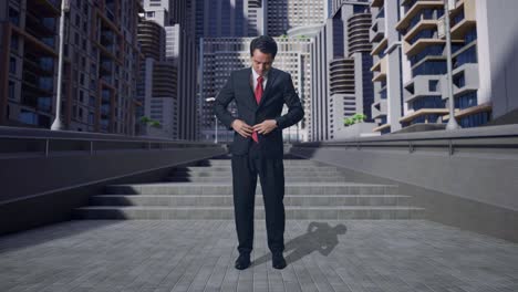 cuerpo lleno de hombre de negocios asiático en camisa clásica y chaqueta de botones de corbata roja. vestirse para un evento de celebración, reunión de negocios o boda en la ciudad